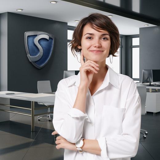 Woman standing in office, super brokers logo